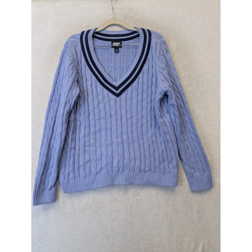 Lands End Women's Size L Blue V-Neck Varsity Stripe Sweater‎ Cotton Cable Knit